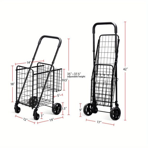 [Heavy-Duty Folding Cart] 1pc Adjustable Heavy-Duty Folding Shopping Cart Dolly Basket - Rolling Utility Trolley, Black, Rolling Storage Cart - Image 2