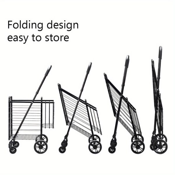 [Heavy-Duty Folding Cart] 1pc Adjustable Heavy-Duty Folding Shopping Cart Dolly Basket - Rolling Utility Trolley, Black, Rolling Storage Cart - Image 6