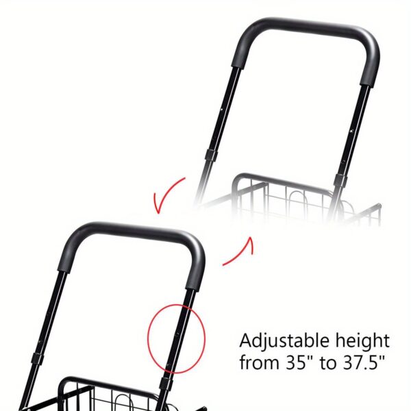 [Heavy-Duty Folding Cart] 1pc Adjustable Heavy-Duty Folding Shopping Cart Dolly Basket - Rolling Utility Trolley, Black, Rolling Storage Cart - Image 8