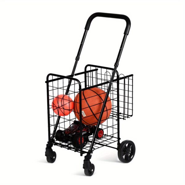 [Heavy-Duty Folding Cart] 1pc Adjustable Heavy-Duty Folding Shopping Cart Dolly Basket - Rolling Utility Trolley, Black, Rolling Storage Cart - Image 9