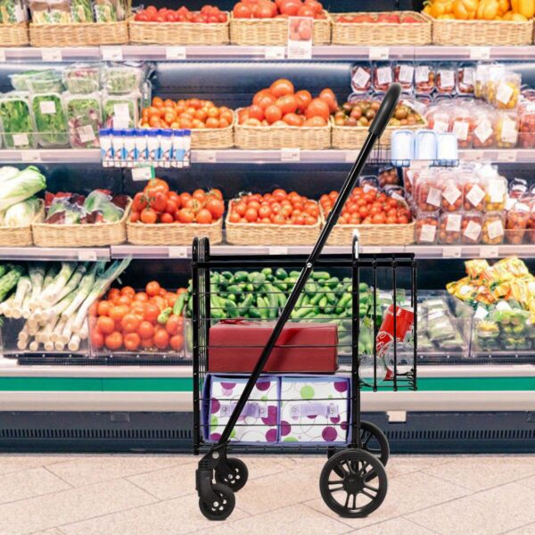 [Heavy-Duty Folding Cart] 1pc Adjustable Heavy-Duty Folding Shopping Cart Dolly Basket - Rolling Utility Trolley, Black, Rolling Storage Cart - Image 5