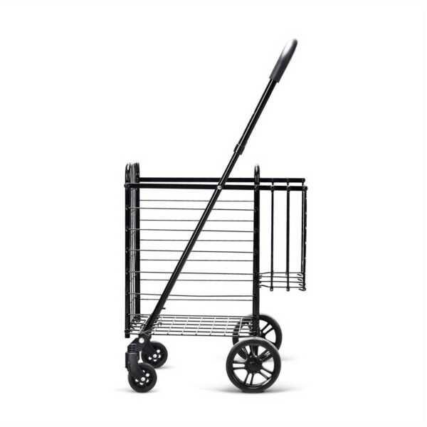 [Heavy-Duty Folding Cart] 1pc Adjustable Heavy-Duty Folding Shopping Cart Dolly Basket - Rolling Utility Trolley, Black, Rolling Storage Cart - Image 11