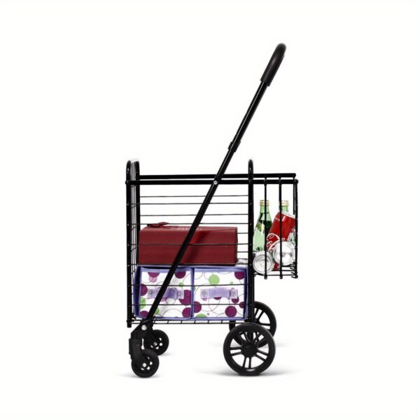 [Heavy-Duty Folding Cart] 1pc Adjustable Heavy-Duty Folding Shopping Cart Dolly Basket - Rolling Utility Trolley, Black, Rolling Storage Cart - Image 10
