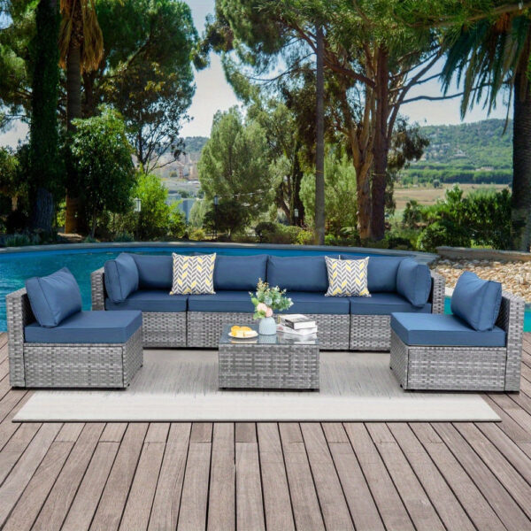 7 Piece Patio Furniture Set, All-Weather Wicker Outdoor Conversation Set with Sectional Sofa, Rattan PE Wicker Seating, Glass Coffee Table, and Cushions