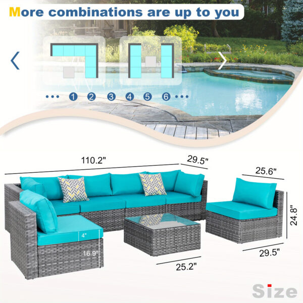7 Piece Patio Furniture Set, All-Weather Wicker Outdoor Conversation Set with Sectional Sofa, Rattan PE Wicker Seating, Glass Coffee Table, and Cushions - Image 3