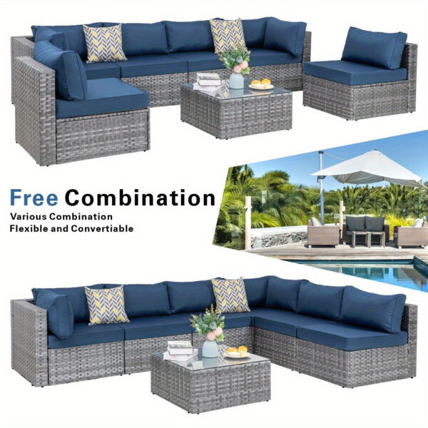 7 Piece Patio Furniture Set, All-Weather Wicker Outdoor Conversation Set with Sectional Sofa, Rattan PE Wicker Seating, Glass Coffee Table, and Cushions - Image 10