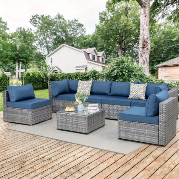 7 Piece Patio Furniture Set, All-Weather Wicker Outdoor Conversation Set with Sectional Sofa, Rattan PE Wicker Seating, Glass Coffee Table, and Cushions - Image 2