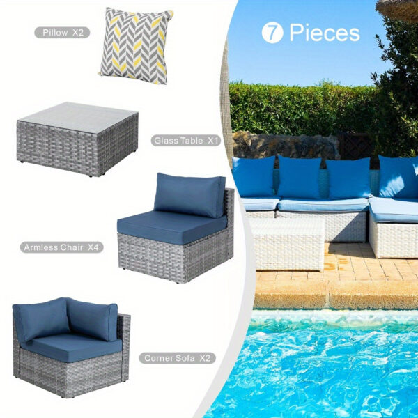 7 Piece Patio Furniture Set, All-Weather Wicker Outdoor Conversation Set with Sectional Sofa, Rattan PE Wicker Seating, Glass Coffee Table, and Cushions - Image 8