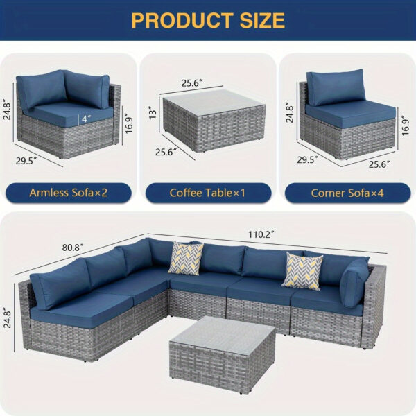 7 Piece Patio Furniture Set, All-Weather Wicker Outdoor Conversation Set with Sectional Sofa, Rattan PE Wicker Seating, Glass Coffee Table, and Cushions - Image 6
