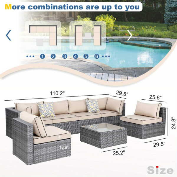 7 Piece Patio Furniture Set, All-Weather Wicker Outdoor Conversation Set with Sectional Sofa, Rattan PE Wicker Seating, Glass Coffee Table, and Cushions - Image 5