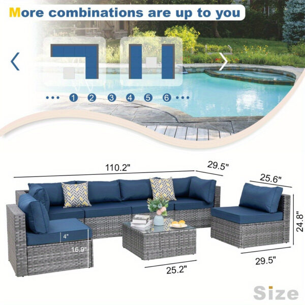 7 Piece Patio Furniture Set, All-Weather Wicker Outdoor Conversation Set with Sectional Sofa, Rattan PE Wicker Seating, Glass Coffee Table, and Cushions - Image 4