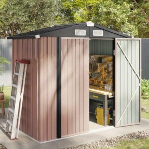 6, 2x4ft Metal Outdoor Storage Shed with Lockable Doors & Sloping Roof - Durable Brown Garden Shed for Backyard, Patio, Poolside - Tool, Bike, and Equipment Organizer, Outdoor Storage Shed, Patio Organization, Sleek Design, Sturdy Construction, Storage Sheds