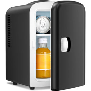 Portable Mini Fridge with Top-Mounted Door - 1.06gal Capacity, 6 Cans Storage, Compact Design for Bedroom, Car, Office & Dorm - Ideal for Cosmetics, Beverages & Food - Black PVC Square Cooler with Semiconductor Technology, 110-130V US Plug, Car Beverage Storage | Sleek Compact Design | Stylish Cooling, Mini Refrigerator