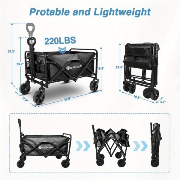Yesker Heavy-Duty Foldable Utility Wagon - 220lbs Capacity All-Terrain Cargo Cart, Collapsible Garden Cart with Large Wheels, Sturdy Metal Frame for Camping, Gardening, Shopping, Sports - Portable with Easy-Fold Mechanism (Black) - Ideal for Indoor/Outdoor Use, Outdoor Adventure Gear, Durable Fabric Cover - Image 3