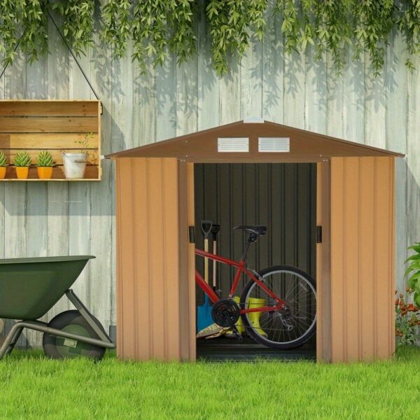 Outsunny 7' x 4' Outdoor Shed Garden Tool House with Foundation, 4 Vents & 2 Easy Sliding Doors - Durable Metal Frame, Weather-Resistant Design for Backyard, Patio, Garage, Lawn Storage - Yellow, Outdoor Storage Shed, Patio Organization, Ventilated Storage, Sturdy Construction, Storage Sheds - Image 2