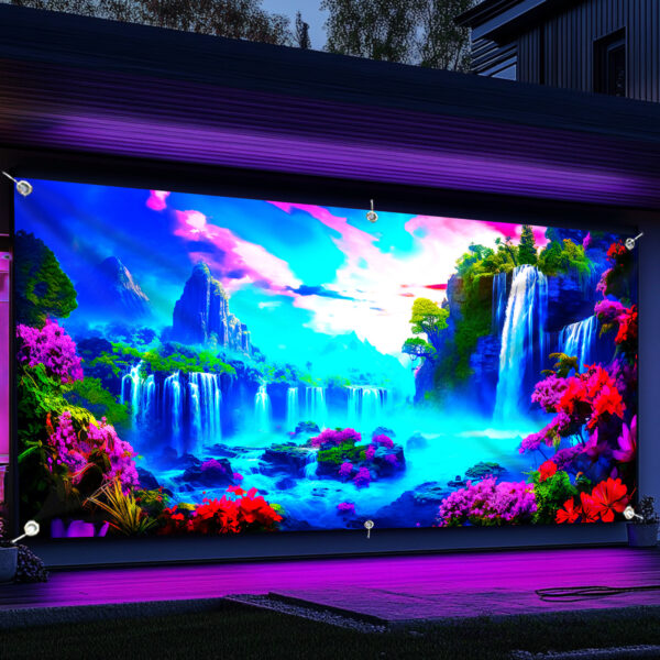 [1pc UV Floral Banner] 1pc Large UV-Activated Floral Waterfall Garage Door Banner | Fluorescent Fabric Wall Decor with Vibrant Nature & Landscape Design | No Power Needed for Parties, Photography Studios, Outdoor Events, Parties Decorations, Party Decoration, Outdoor Festive Decor, Uv Light Display - Image 6