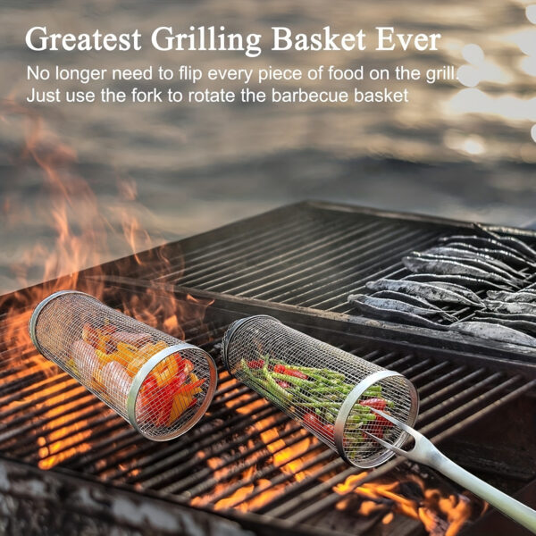 A Portable Cylindrical Stainless Steel Grill for Outdoor Camping, Featuring a Rotating And Rolling Barbecue Basket, a Barbecue Stand, And a Circular Stove Suitable for Camping And Picnics, Ideal for Outdoor Cooking - Image 8