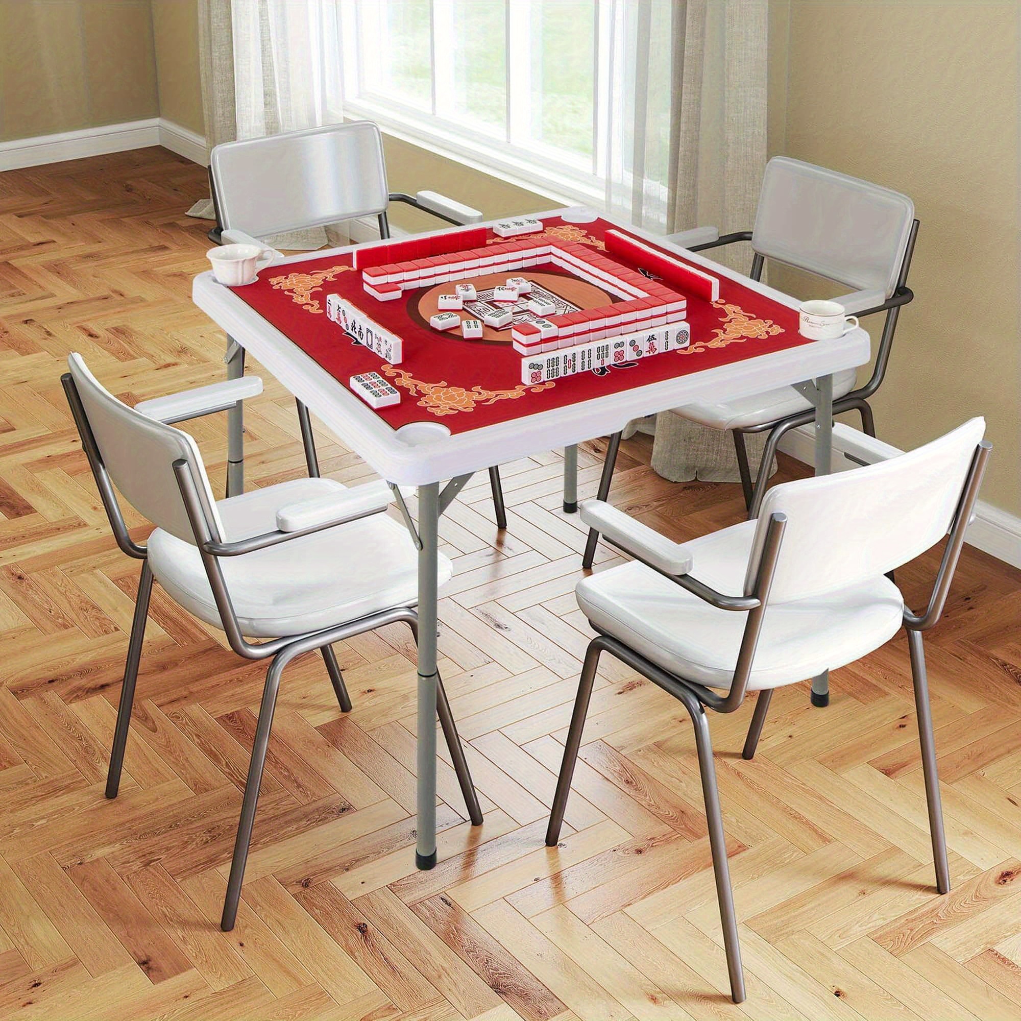 MAXMASS 35" Folding Mahjong Table with Cup Holders & Smooth Felt Mat Carrying Handle Red - Image 2