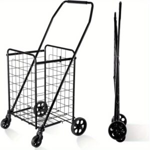 Heavy-Duty Folding Shopping Cart - 100 lb Capacity Grocery Cart with 360° Swivel Wheels, Foldable Utility Cart with Sturdy Metal Frame, Locking Wheels for Grocery Store, Home, Warehouse, Office - Easy Assembly & Space-Saving Design, Home Storage Solution, Durable Construction, Warehouse Workers