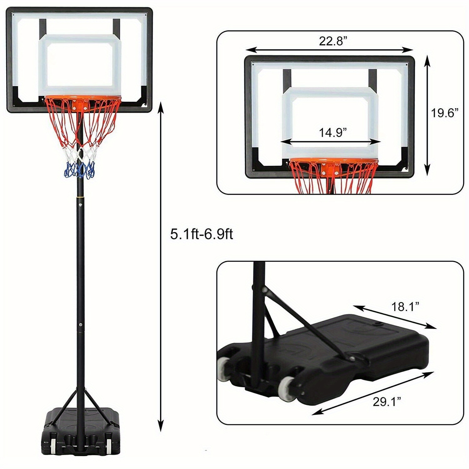 LUCKYERMORE Adjustable Portable Basketball Hoop for Family - 5ft-6.8ft Height, 32in Backboard, Heavy-Duty Steel & PVC, Water/Sand Stable Base with Wheels, Indoor/Outdoor Use, Black, Indoor Sports Equipment, Weatherresistant Net, Durable Sports Equipment - Image 2