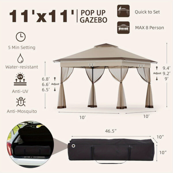 [Water-Resistant | Pop Up] Bezseller 11x11 Water-Resistant Pop Up Gazebo Tent | Mosquito Netting, Outdoor Canopy Tent, Large Quick Set and Easy to Carry | Oxford Tarp Shelter for Patio Garden Backyard - Image 2