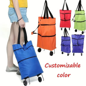 1pc Foldable Shopping Trolley Bag with Wheels - Large Capacity Durable Grocery Bag, Adjustable Shoulder Straps & Buckle Closure, Vibrant Colors (Sky Blue, Deep Magenta, Red, Fluorescent Green, Black) for Women's Fashion, Supermarket, Beach, Travel, Shopping Bags Reusable Foldable, Travel Carryall, Lightweight Design, Washable Fabric, Frequent Travelers