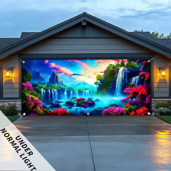 [1pc UV Floral Banner] 1pc Large UV-Activated Floral Waterfall Garage Door Banner | Fluorescent Fabric Wall Decor with Vibrant Nature & Landscape Design | No Power Needed for Parties, Photography Studios, Outdoor Events, Parties Decorations, Party Decoration, Outdoor Festive Decor, Uv Light Display - Image 2
