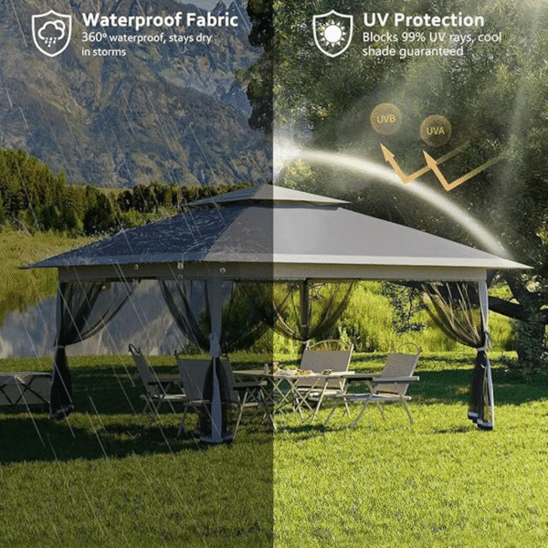 [13'x13' Gazebo] 13'x13' Double Rooftop Outdoor Gazebo | Quick Setup, High Quality, Durable Weather-Resistant Design, Gray Patio Canopy Tent for Backyard, Garden & Poolside - Image 6