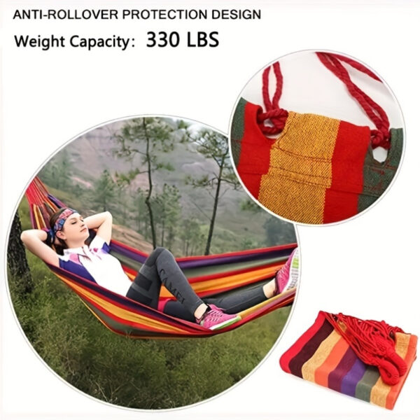 [1-Pack Heavy-Duty Hammock] 1-Pack Heavy-Duty 330lb Capacity Colorful Cloth Hammock | Durable Polyester, Tree-Friendly Straps, Portable Storage Bag, Anti-Flip, Weatherresistant, Reinforced Stitching | Outdoor, Camping, Indoor Relaxation, Camping Essential, Vibrant Design, Backyard Lounging, Stylish Lounging, Outdoor Enthusiasts - Image 6