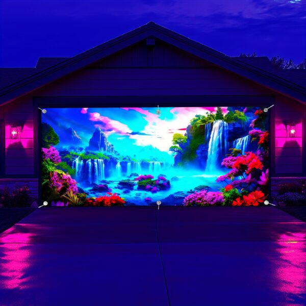 [1pc UV Floral Banner] 1pc Large UV-Activated Floral Waterfall Garage Door Banner | Fluorescent Fabric Wall Decor with Vibrant Nature & Landscape Design | No Power Needed for Parties, Photography Studios, Outdoor Events, Parties Decorations, Party Decoration, Outdoor Festive Decor, Uv Light Display - Image 7