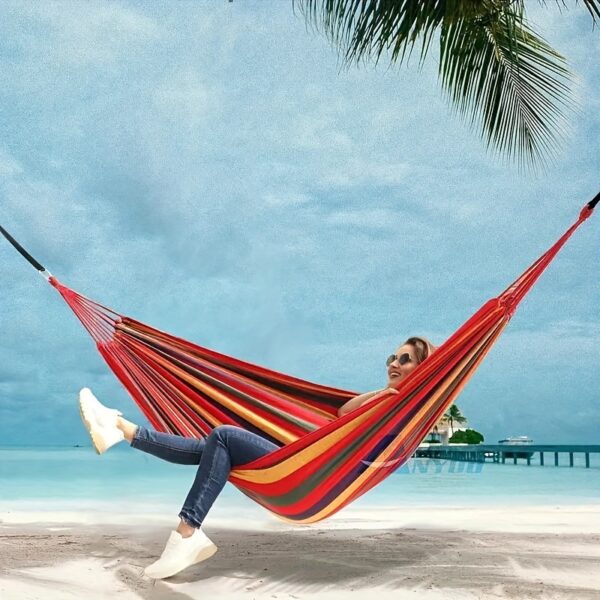 [1-Pack Heavy-Duty Hammock] 1-Pack Heavy-Duty 330lb Capacity Colorful Cloth Hammock | Durable Polyester, Tree-Friendly Straps, Portable Storage Bag, Anti-Flip, Weatherresistant, Reinforced Stitching | Outdoor, Camping, Indoor Relaxation, Camping Essential, Vibrant Design, Backyard Lounging, Stylish Lounging, Outdoor Enthusiasts - Image 7
