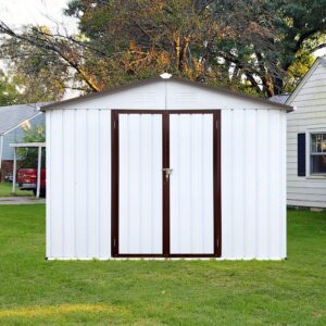 Heavy-Duty 8x6ft Metal Garden Shed with Apex Roof - Outdoor Storage building, Locking Doors, Ventilation Vents - Ideal for Backyard, Garage, Workshop - Durable Metal Construction (White+ Coffee Colors), Backyard Organization, Gable Roof Design, Weatherresistant Material, DIY Enthusiasts