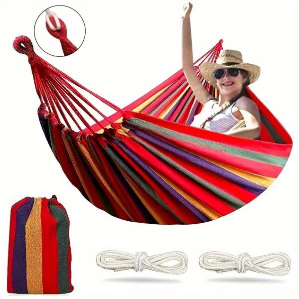 [1-Pack Heavy-Duty Hammock] 1-Pack Heavy-Duty 330lb Capacity Colorful Cloth Hammock | Durable Polyester, Tree-Friendly Straps, Portable Storage Bag, Anti-Flip, Weatherresistant, Reinforced Stitching | Outdoor, Camping, Indoor Relaxation, Camping Essential, Vibrant Design, Backyard Lounging, Stylish Lounging, Outdoor Enthusiasts - Image 5