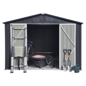 8x10ft Heavy-Duty Metal Garden Shed with Lockable Door - Outdoor Storage Shed, Galvanized Steel Construction, Dark Grey/Black - for Backyard, Patio, Lawn Equipment, Bikes, Tools - Easy Assembly & Weather-Resistant Design, Outdoor Storage Shed, Backyard Organization, Sleek Shed Design, Sturdy Construction, Patio Organization, Spacesaving Design, Durable Build, DIY Enthusiasts