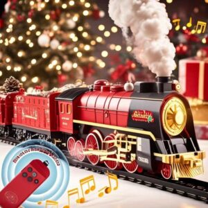 Christmas Retro Steam Train Electric RC Toy - 3-Site Smoke, Smart Sound & Light Mist Realistic Choo-Choo Whistle 2 LED Lights Window Effects Track-Compatible Vintage Model Train Gift for Kids 9064B-1