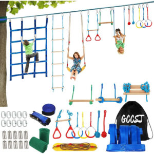 65ft Ninja Warrior Obstacle Course for Youngsters with 12 Adjustable Accessories - Swings, Monkey Bars, Arm Trainers, Rope Bridge & More - Durable Metal Frame, 440 lbs Weight Capacity, Suitable for Boys & Girls Over 3 Years Old, Backyard Playground | Engaging Youngsters | Adjustable Playset