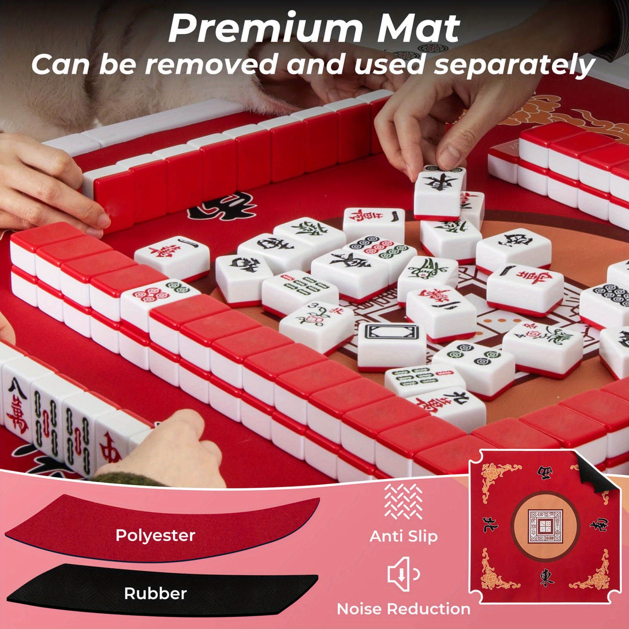 MAXMASS 35" Folding Mahjong Table with Cup Holders & Smooth Felt Mat Carrying Handle Red - Image 7