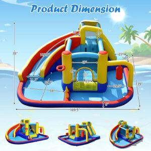 COSTWAY Inflatable Bounce Castle, 7-in-1 Water Park w/ Curved Water Slide, Splash Pool, Jumping House, Climbing Wall, Basketball Hoop, Ring-toss Game & Pendulum, for Kids 3 Years Old +, Blower Excluded