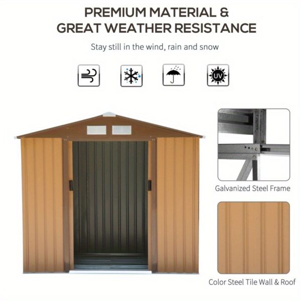 Outsunny 7' x 4' Outdoor Shed Garden Tool House with Foundation, 4 Vents & 2 Easy Sliding Doors - Durable Metal Frame, Weather-Resistant Design for Backyard, Patio, Garage, Lawn Storage - Yellow, Outdoor Storage Shed, Patio Organization, Ventilated Storage, Sturdy Construction, Storage Sheds - Image 5