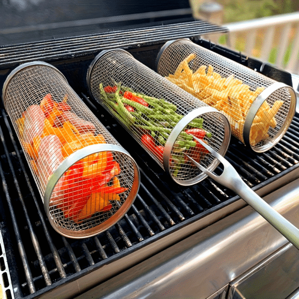A Portable Cylindrical Stainless Steel Grill for Outdoor Camping, Featuring a Rotating And Rolling Barbecue Basket, a Barbecue Stand, And a Circular Stove Suitable for Camping And Picnics, Ideal for Outdoor Cooking - Image 4