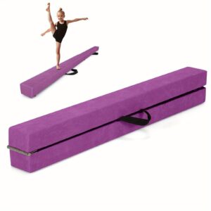 LIFEZEAL 8FT Folding Balance Beam, Foam Gymnastic Beam w/ Solid Wood Base & Anti-slip Bottom for Kids Teens, Portable Floor Gymnastics Equipment w/ Carry Handle for Home Gym Club Use, Purple.