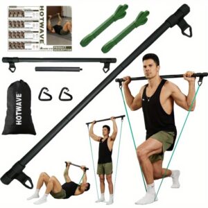 HOTWAVE Resistance Bands Bar with Ab Roller - Portable Home Gym Strength Training Equipment for Squats, Bench Presses, Full Body Workouts - Durable Polyester, Black & Green, Gym Accessories