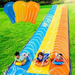 Triple Water Slide with 3 BodyBoards, 22.5FT Lawn Water Splash Slip, Party Summer Yard Lawn Outdoor Play Activities