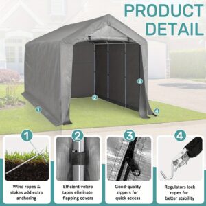 RERERE 8x12ft 4-Sided Carport Storage Shed with 3-Bay Frame & 1 Door, Dark Grey High Quality PE Cloth, Reinforced Roof & Stakes, Heavy-Duty Plastic-Sprayed Iron Pipes for Outdoor, Camping, Driveway, Patio, Outdoor Shed Storage, Driveway Cover, Architectural Style