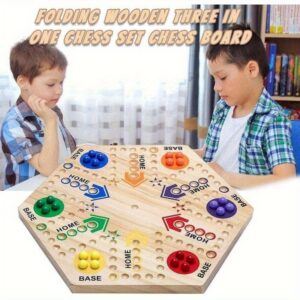 Original Double-Sided Painted Wooden Board Game - Fast Track For 2 To 6 Players, 6 Colors, 24 Marbles, 6 Dice, Suitable For Adults & Kids, Family Gatherings, Parties, Holiday Gifts (15 Inches).