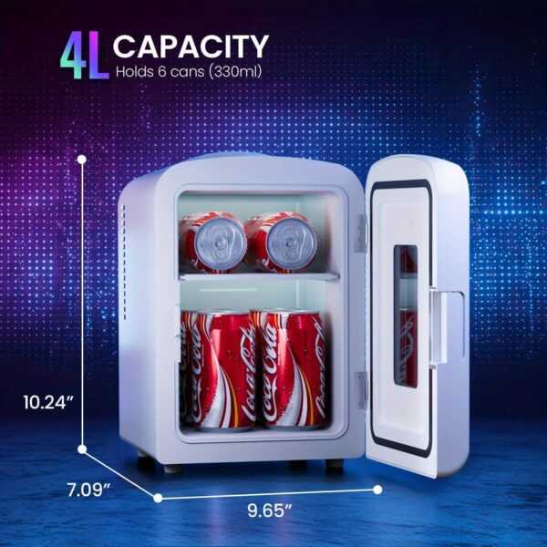 Mini Fridge, 1.06gal/6 Cans (11.16oz) Portable Compact Refrigerator with Gaming Light, AC/DC Power, Ideal for Skincare Products & Beverages, White, Mini Refrigerator, Lighting, Durable Construction - Image 4