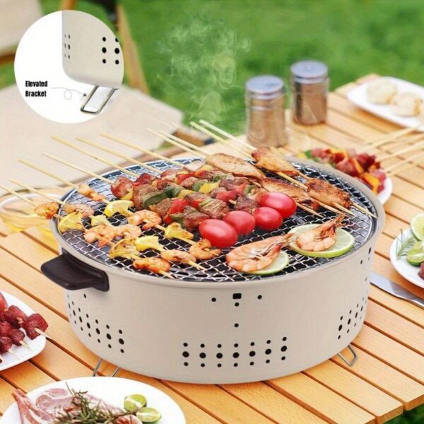 [Everyday Comfort] Portable Round Charcoal BBQ Grill – Compact, Multifunctional Outdoor Cooking Stove with Detachable Stainless Steel Grates, Perfect for Camping, Picnics, and Backyard Barbecues, White Cast Iron Design - Image 2