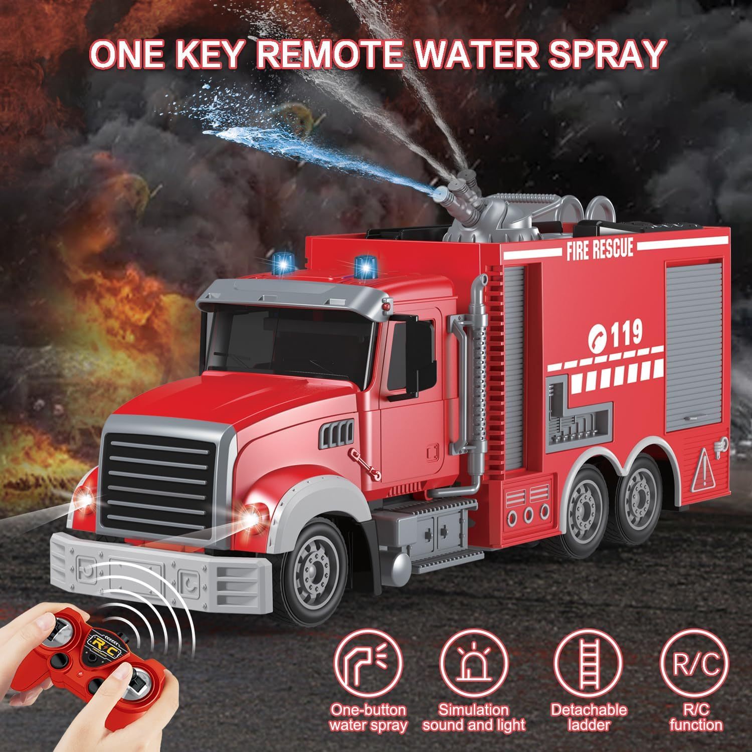 Remote Control Fire Truck, Water Cannon Fire Truck, RC Construction Truck Toys - 180° Spray Function, Auto Demonstration, with Battery, Birthday Gift for Boys And Girls Over 6-12 Years Old - Image 6