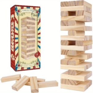 Tumble Tower Game for and Adults 54pcs Wooden Board Stacking Game for Family Games Night Classical Wood Blocks Game Standard Size
