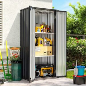 Aoxun 31x19in Outdoor Storage Cabinet Metal Garden Shed with 2 Adjustable Shelves 3 Layer Indoor& Outdoor Waterproof Vertical Storage Shed for Patio Garden, Garage, Porch (Black, 22 Cu, Ft), Storage Sheds